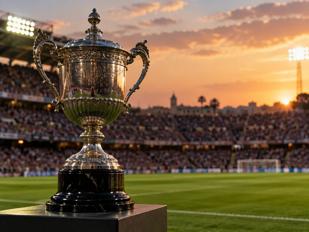 Silverpokal på en piedestal vid sidan av en fotbollsplan i kvällsljus med fullsatta läktare