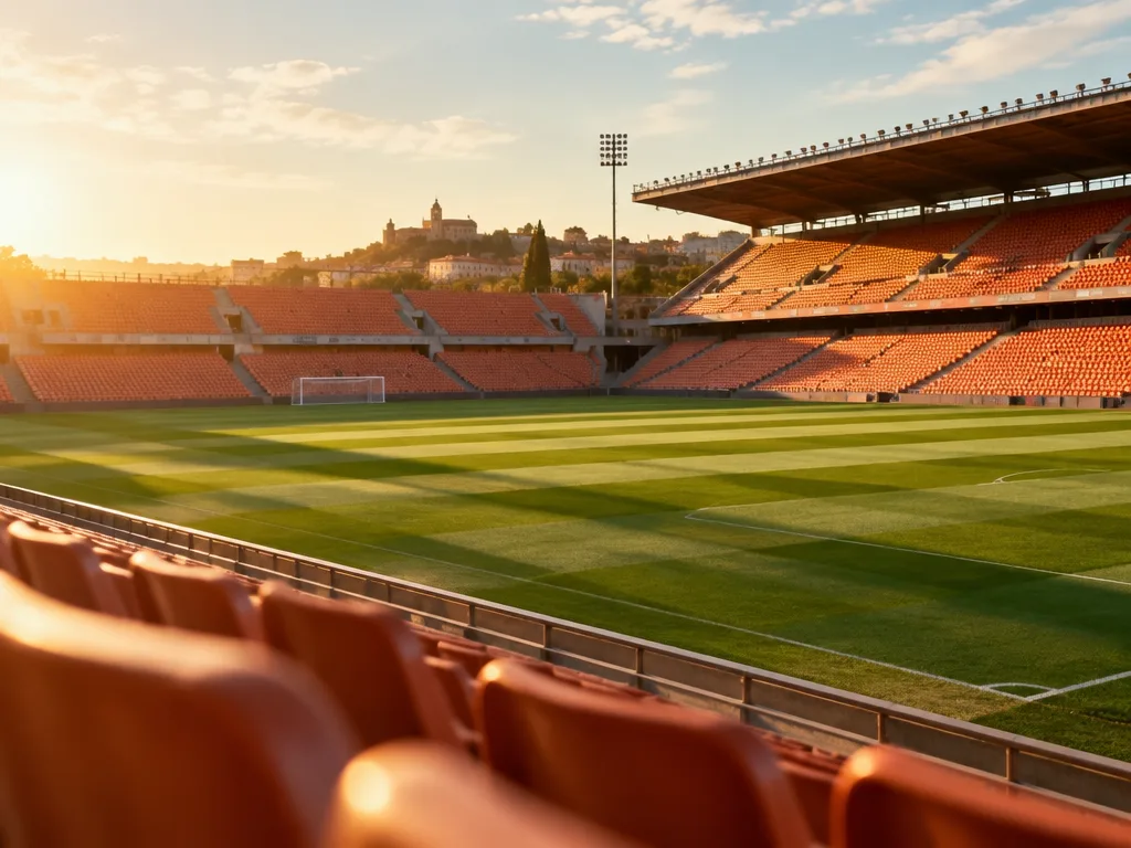 Tom fotbollsarena i Spanien i kvällssol med orangea läktare och nyklippt gräsmatta inför säsongspremiären