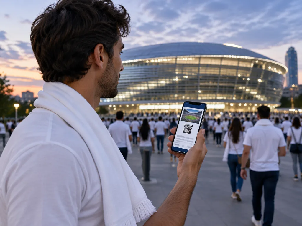 Supporter i vit halsduk visar en mobilbiljett utanför en upplyst fotbollsarena i skymningen