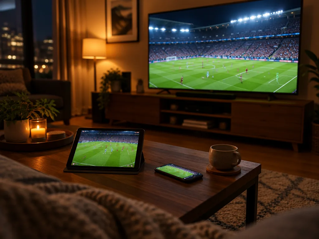 Fotbollsmatch i flodljus på tv, surfplatta och mobil i ett vardagsrum en kväll