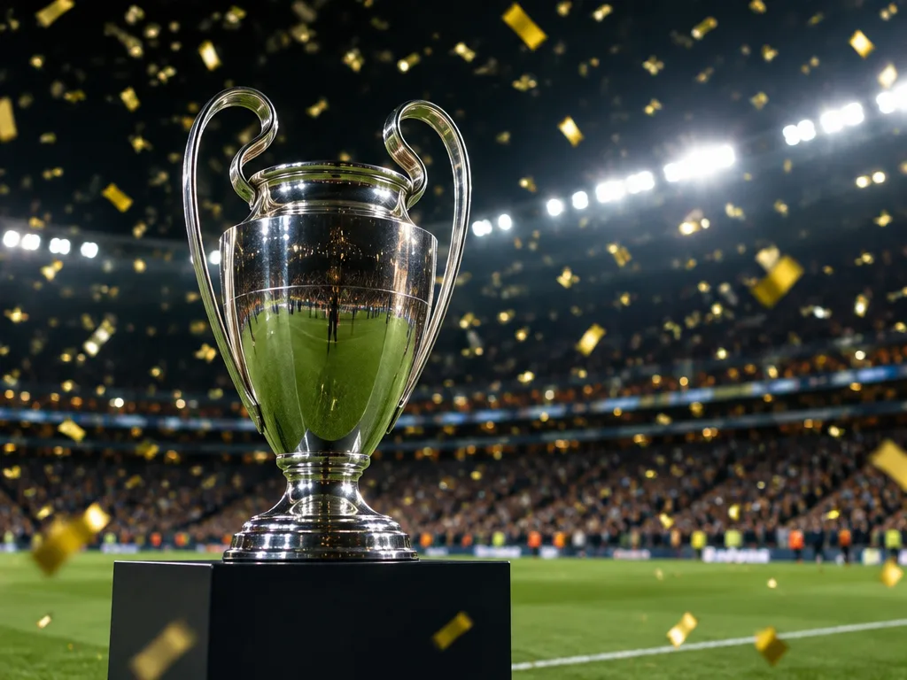 Silverpokal på en piedestal på en upplyst fotbollsarena med guldkonfetti i luften